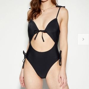 Black Ruched Tie Front One Piece Swimsuit NEW !